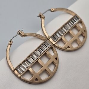 Vintage Kenneth Cole Gold Tone Antique Finish Baguette Rhinestones Hoop Earrings
